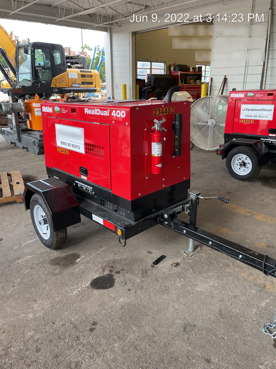 2022 Shindaiwa DGW400MDL Kubota D902 Engine, 23 HP, Dual Op Welder, Wire, Arc, Droop Stick, Tig, and CC Stick Functionality, Simulphase, 3 Phase and 1 Phase Gen Output, Single Axle NB Trlr, Slr Trckl Chrg 12V 12W, Fire Ext