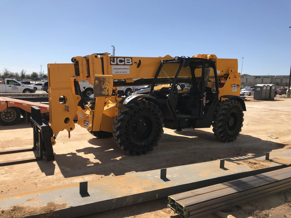 2019 JCB 510-56 Open ROPS, 74 HP, Solid Tires, Worklights, Beacon, Aux Hydraulics, Lifting Eye w/60" Carriage/60" Forks