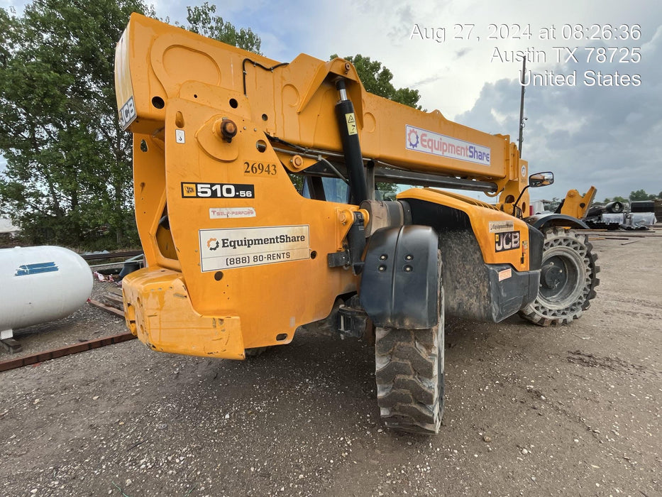2019 JCB 510-56 74 HP w/Open ROPS, Beacon, Aux Hydraulics, Worklights, Solid Tires w/60" Carriage/Forks