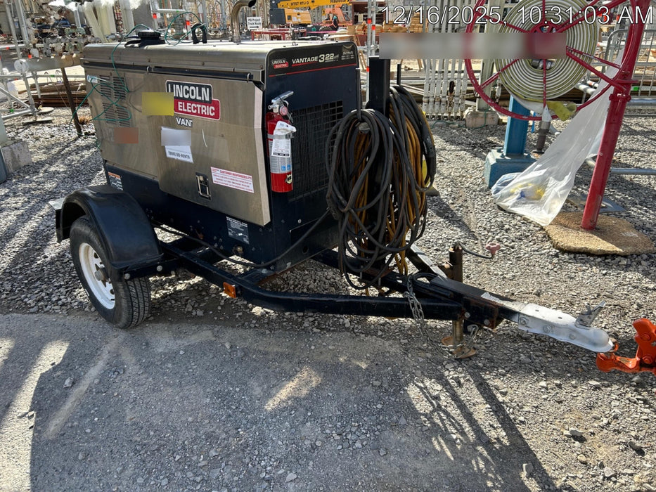 2019 Lincoln Electric Vantage 322 Welder Ready-Pak 3, Two wheel trailer, Fender and Light kit, Cable Rack
