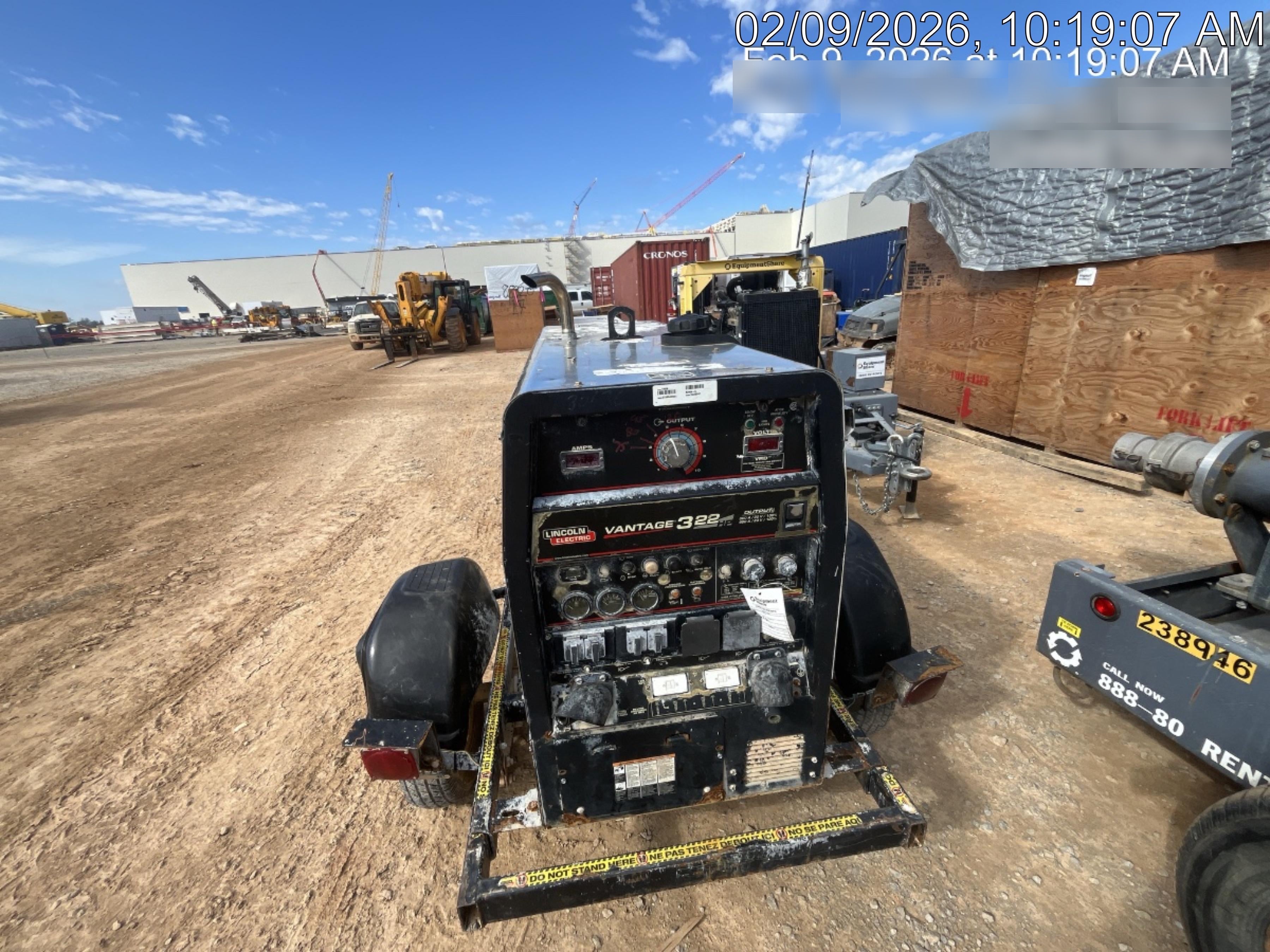 2019 Lincoln Electric Vantage 322 Welder Ready-Pak 3, Two wheel trailer, Fender and Light kit, Cable Rack