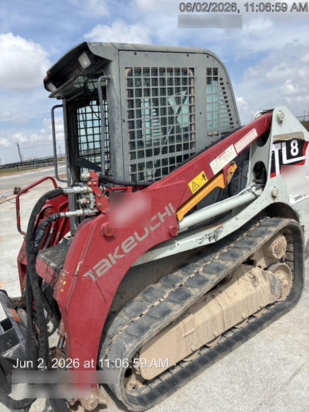 2019 Takeuchi TL8 Cab, Heat/AC, Defroster, 15" Wide Rubber Tracks, Back-up Alarm, Front & Rear Working Lights, Auxiliary Hydraulics, Two-Speed Travel, Electronic Monitoring System, Hydraulic Universal Quick Hitch 76" HD Dirt Bucket with 8 Teeth, 20.3 cubic feet Capacity