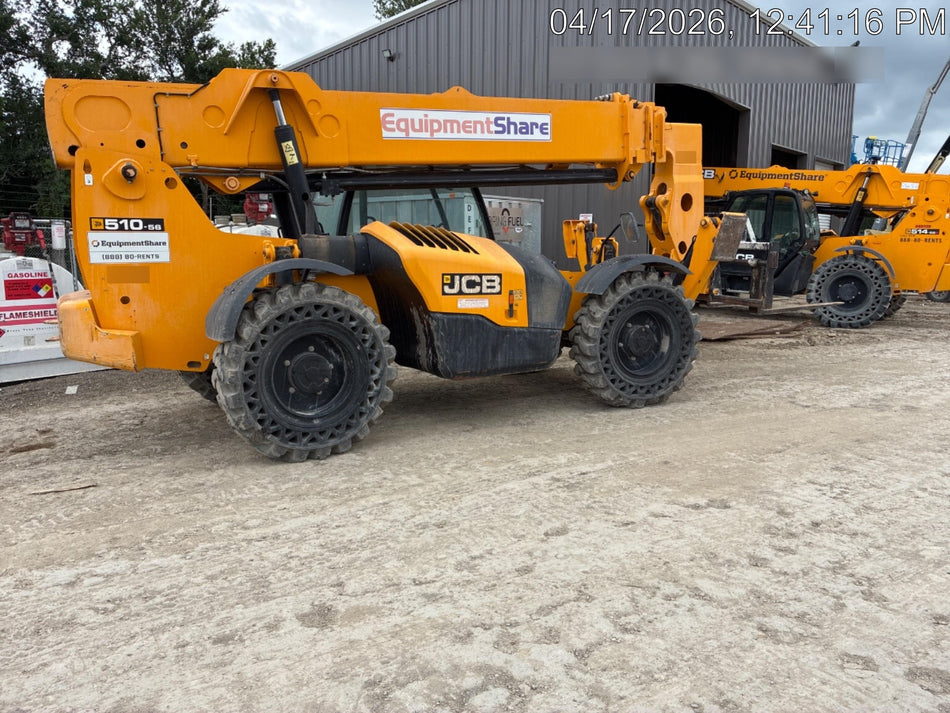 2019 JCB 510-56 Open ROPS, 74 HP, Solid Tires, Worklights, Beacon, Aux Hydraulics, Lifting Eye 66" Carriage/60" Forks