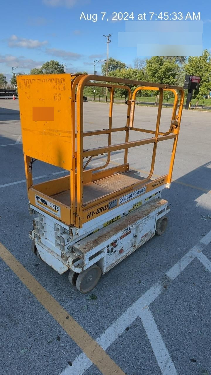 Custom Equipment HB-1430 <ul>
 <li>Hy-Brid Scissor Lift</li>
  <li>Platform capacity up to 670 lbs.</li>
  <li>Working height up to 20 ft</li>
  <li>Weighs under 1,700 lbs.</li>
  <li>Non-marking wheels </li>
</ul>