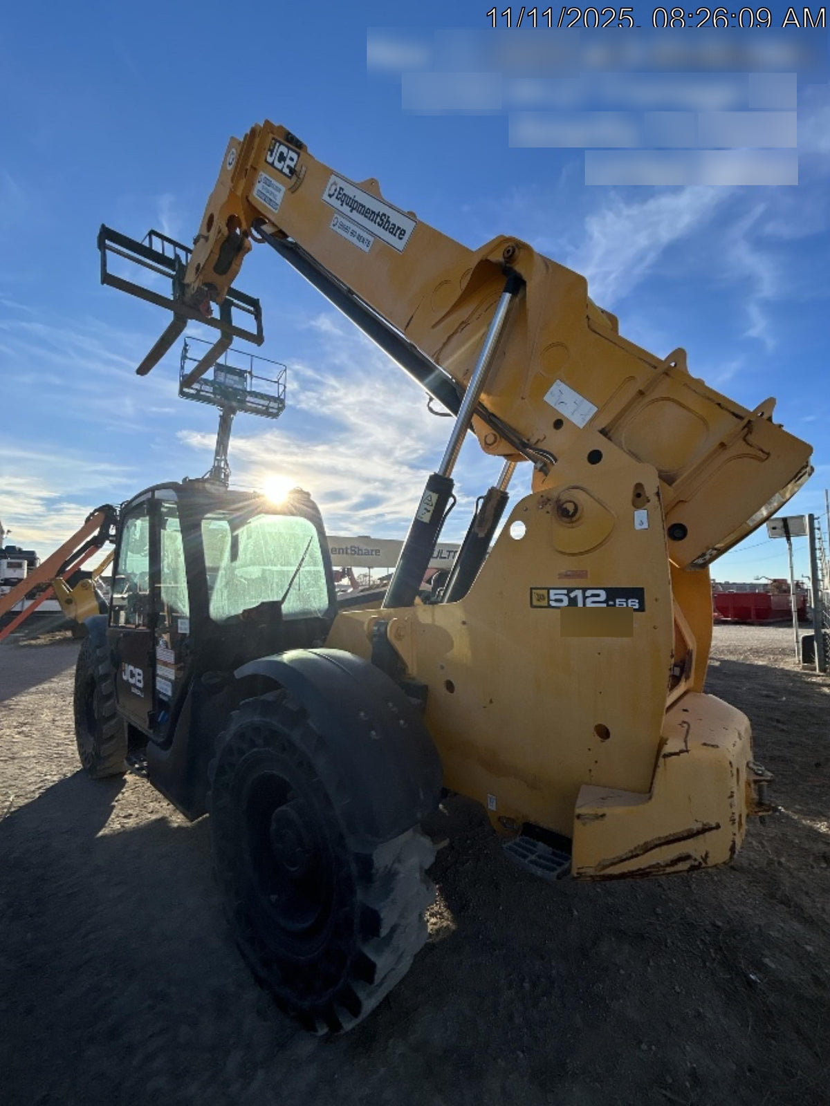 2019 JCB 512-56 109 HP w/CAB/HVAC, Beacon, Aux Hydraulics, Worklights, Solid Tires w/60" Carriage/Forks