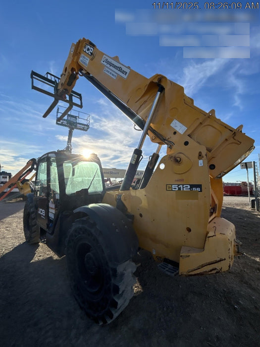 2019 JCB 512-56 109 HP w/CAB/HVAC, Beacon, Aux Hydraulics, Worklights, Solid Tires w/60" Carriage/Forks