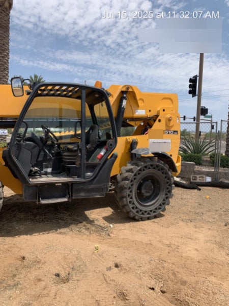2019 JCB 510-56 74 HP w/Open ROPS, Beacon, Aux Hydraulics, Worklights, Solid Tires w/60" Carriage/Forks