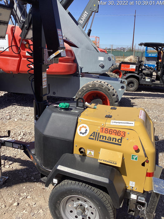 Allmand NLV3GR (4) LED Light Fixture 350W, 23' Vertical Mast, 3kW Prime, Towable, Deep Sea L401, Leveling Jacks, Yanmar T4F 5.8hp