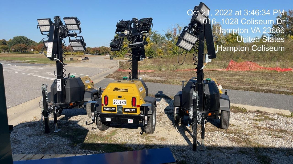 2022 Allmand NLV3GR (4) LED Light Fixture 350W, 23' Vertical Mast, 3kW Prime, Towable, ES Decals, T3