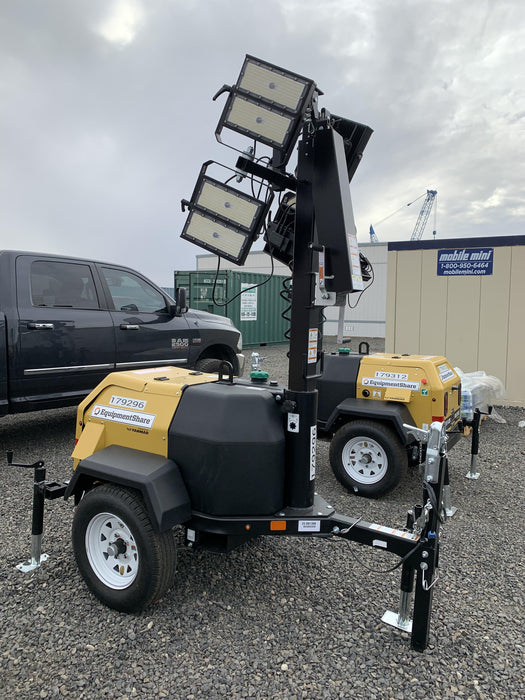 Allmand NLV3GR (4) LED Light Fixture 350W, 23' Vertical Mast, 3kW Prime, Towable, Deep Sea L401, Leveling Jacks, Yanmar T4F 5.8hp