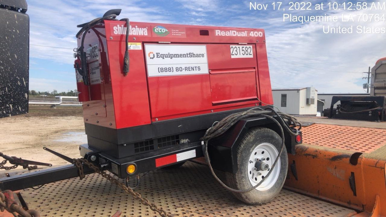 2022 Shindaiwa DGW400MDL Kubota D902 Engine, 23 HP, Dual Op Welder, Wire, Arc, Droop Stick, Tig, and CC Stick Functionality, Simulphase, 3 Phase and 1 Phase Gen Output, Single Axle NB Trlr, Slr Trckl Chrg 12V 12W, Fire Ext