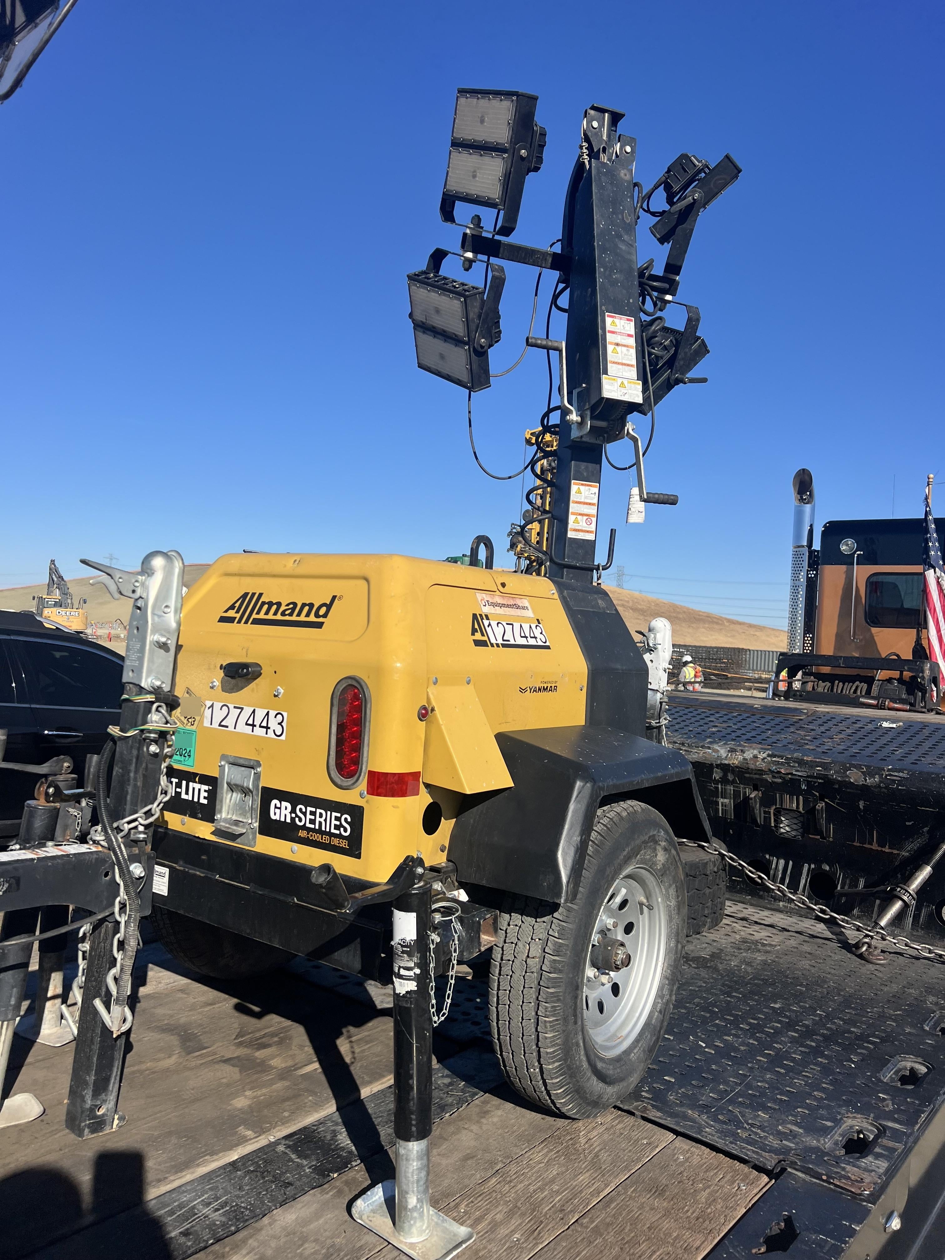 2022 Allmand NLV3GR (4) LED Light Fixture 350W, 23' Vertical Mast, 3kW Prime, Towable, Deep Sea L401, Leveling Jacks, Yanmar T4F 5.8hp