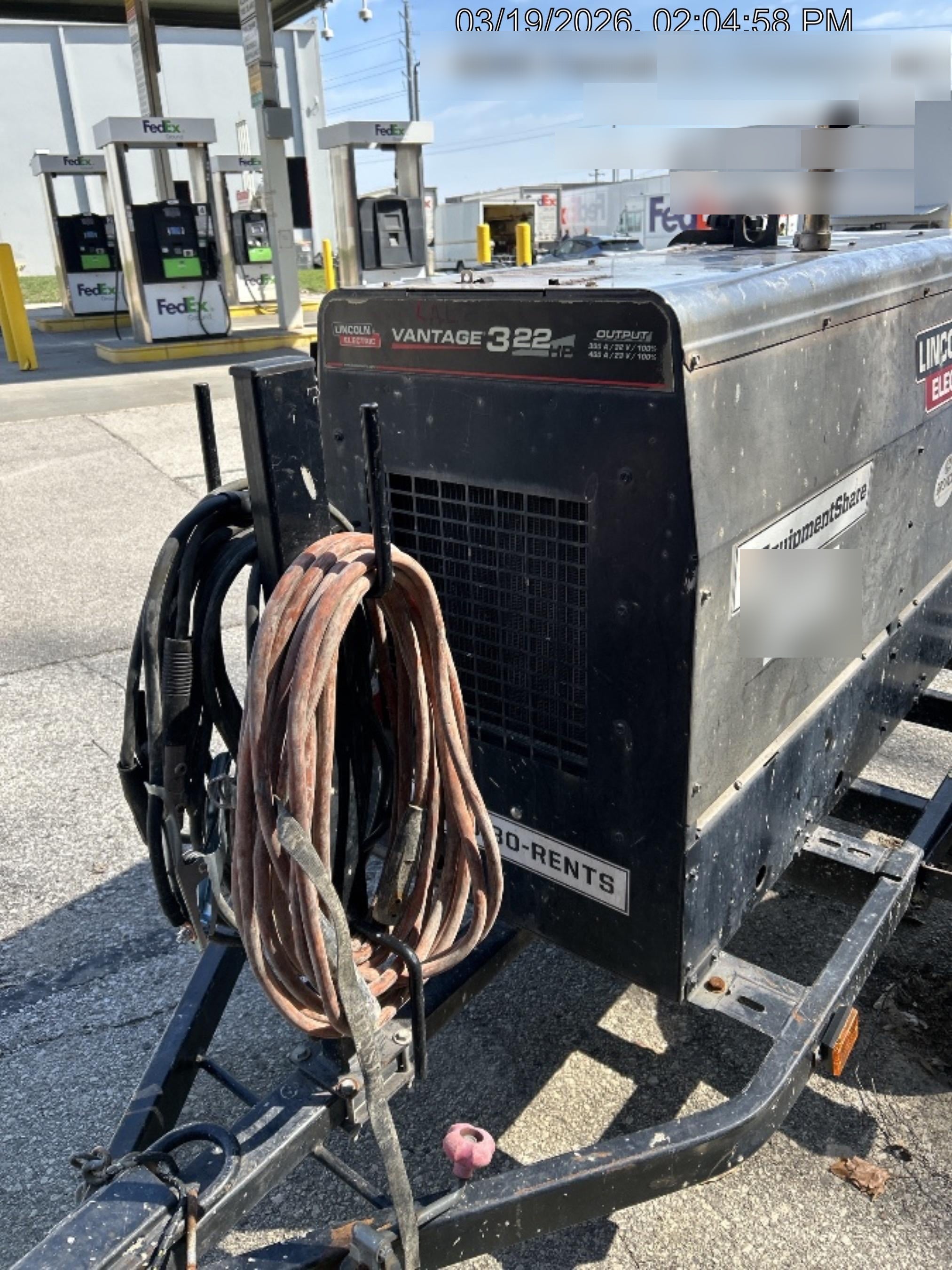 2019 Lincoln Electric Vantage 322 Welder Ready-Pak 3, Two wheel trailer, Fender and Light kit, Cable Rack