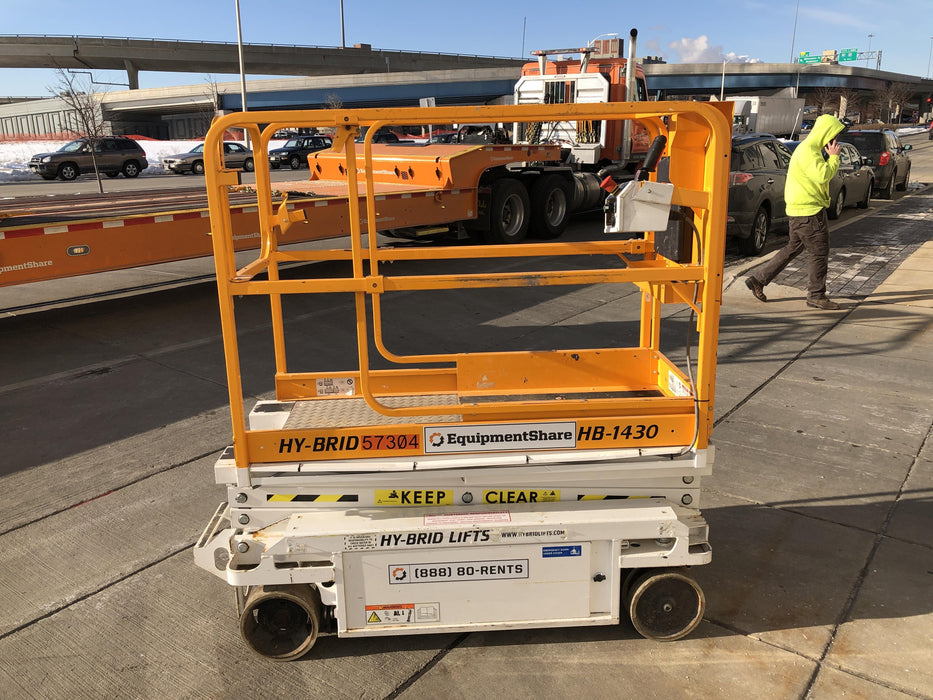 Custom Equipment HB-1430 <ul>
 <li>Hy-Brid Scissor Lift</li>
  <li>Platform capacity up to 670 lbs.</li>
  <li>Working height up to 20 ft</li>
  <li>Weighs under 1,700 lbs.</li>
  <li>Non-marking wheels </li>
</ul>