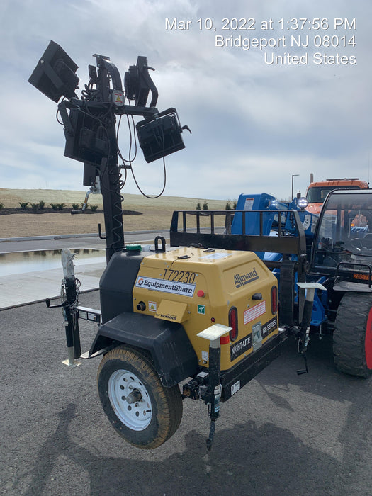 2021 Allmand NLV3GR (4) LED Light Fixture 350W, 23' Vertical Mast, 3kW Prime, Towable, Deep Sea L401, Leveling Jacks, Yanmar T4F 5.8hp