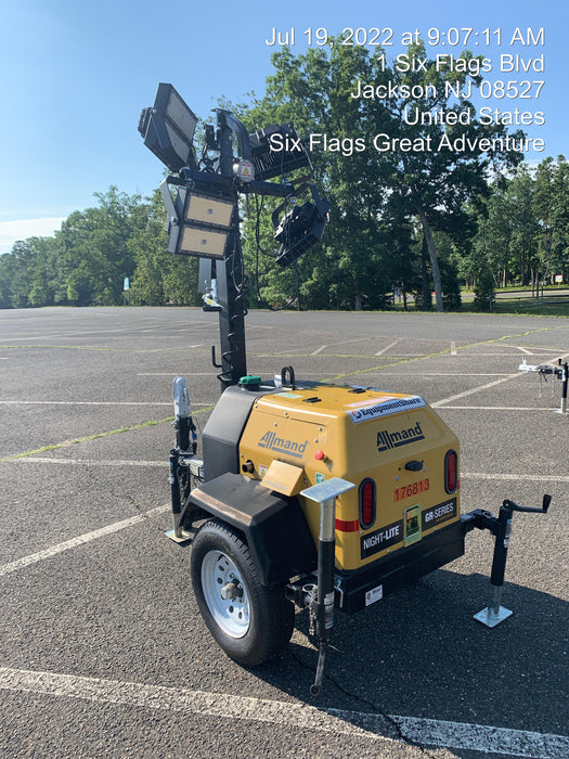 Allmand NLV3GR (4) LED Light Fixture 350W, 23' Vertical Mast, 3kW Prime, Towable, Deep Sea L401, Leveling Jacks, Yanmar T4F 5.8hp