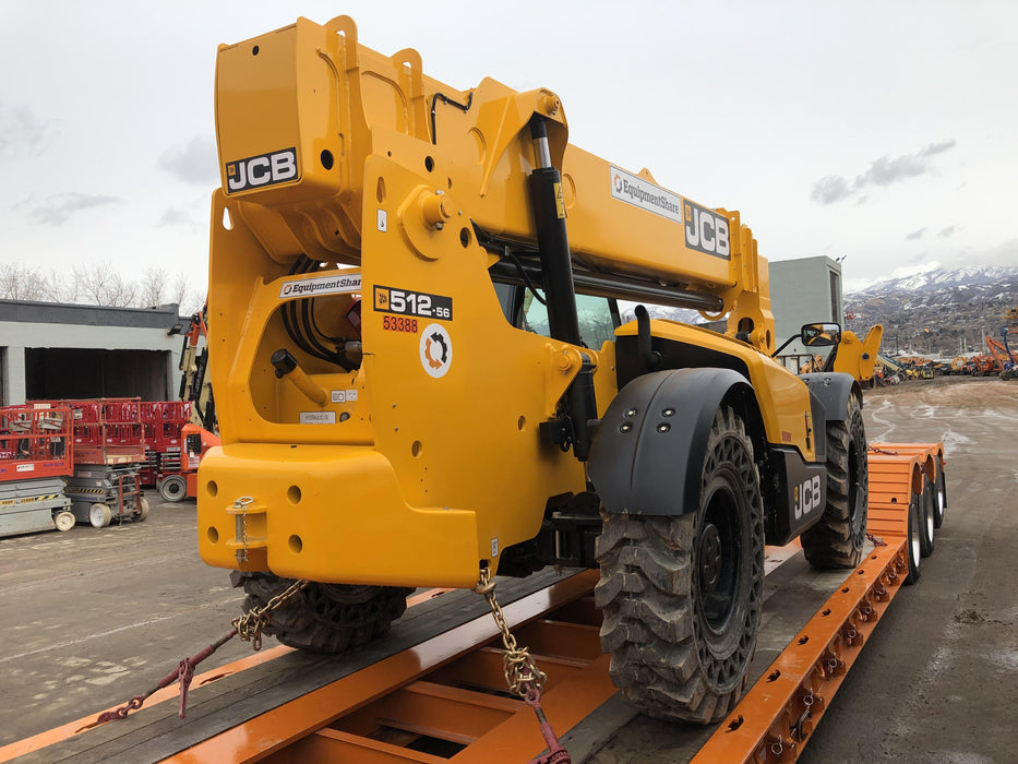 2019 JCB 512-56 Enclosed Cab, 109 HP, Solid Tires, Worklights, Beacon, Aux Hydraulics, Lifting Eye w/66" Carriage/60" Forks