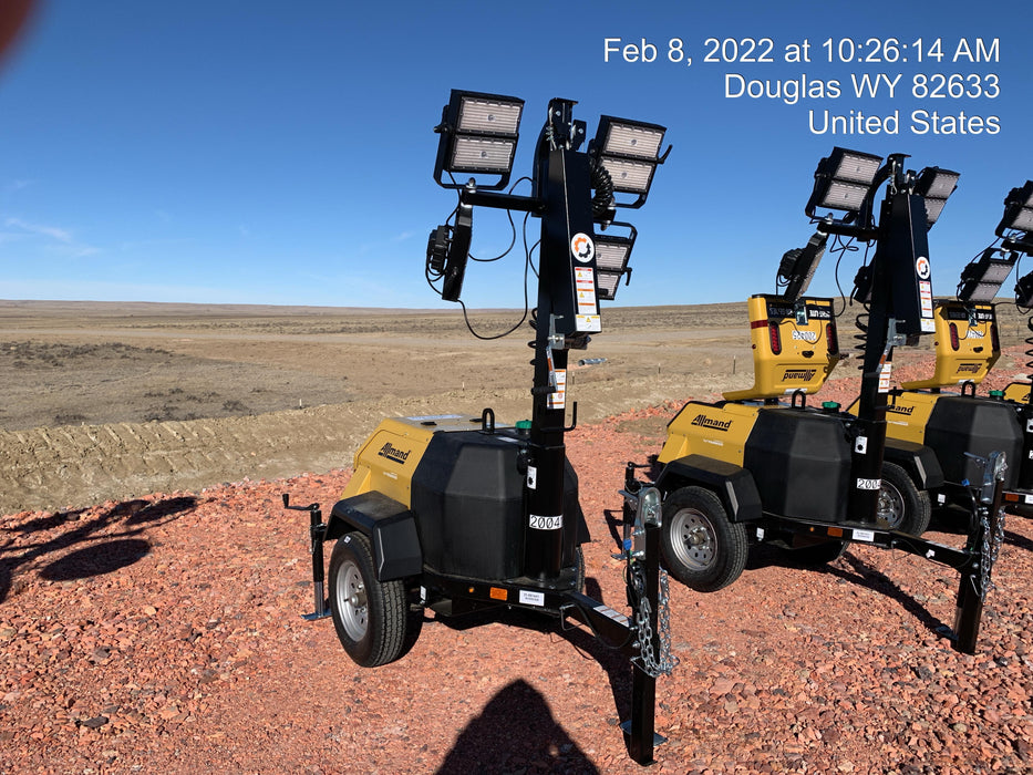 2022 Allmand NLV3GR (4) LED Light Fixture 350W, 23' Vertical Mast, 3kW Prime, Towable, Deep Sea L401, Leveling Jacks, Yanmar T4F 5.8hp