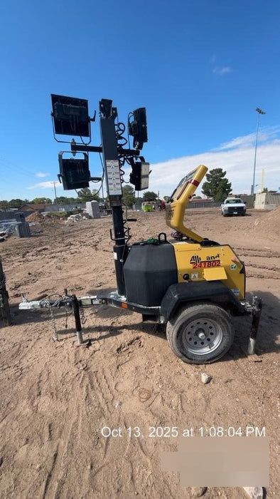 2022 Allmand NLV3GR (4) LED Light Fixture 350W, 23' Vertical Mast, 3kW Prime, Towable, Deep Sea L401, Leveling Jacks, Yanmar T4F 5.8hp