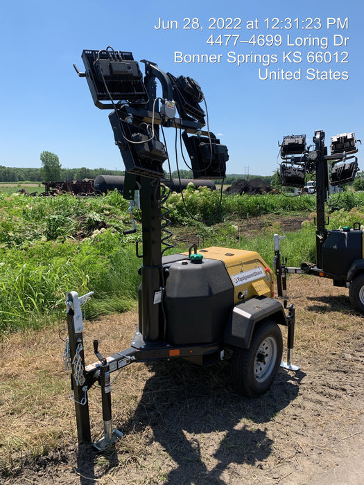 2022 Allmand NLV3GR (4) LED Light Fixture 350W, 23' Vertical Mast, 3kW Prime, Towable, Deep Sea L401, Leveling Jacks, Yanmar T4F 5.8hp