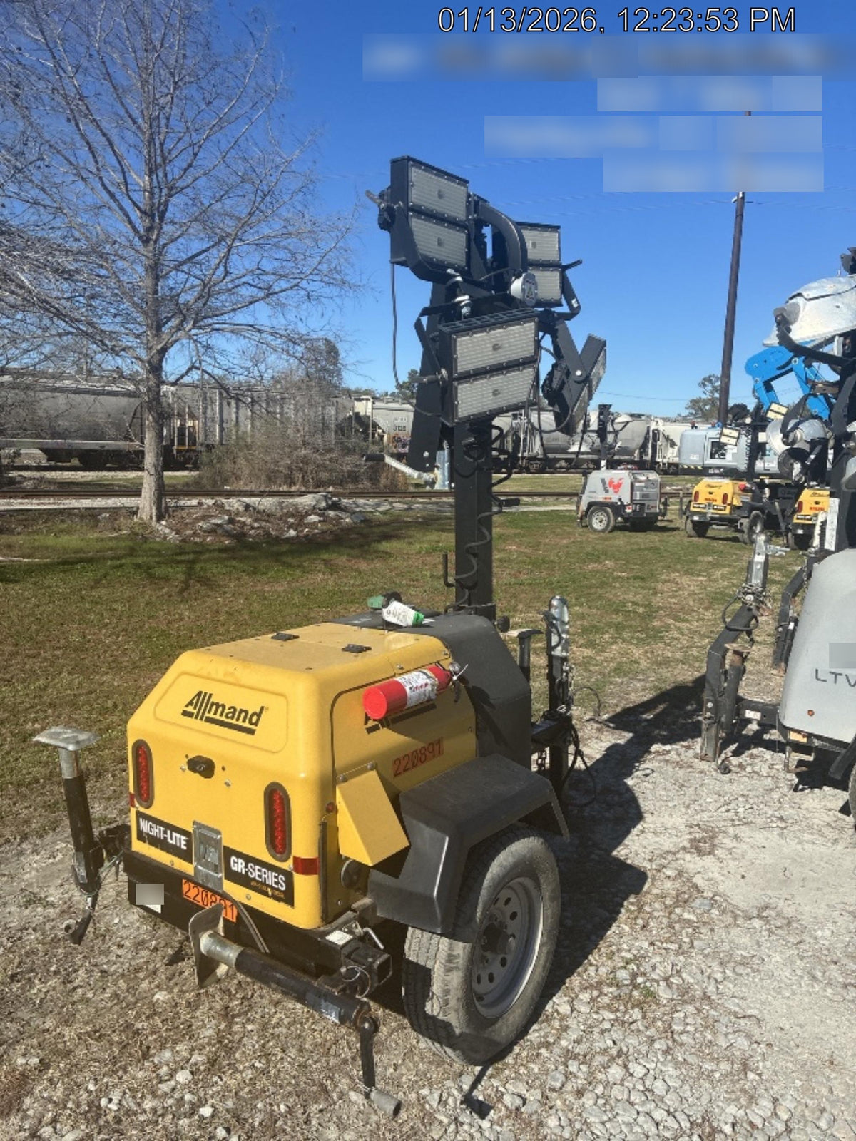 2022 Allmand NLV3GR (4) LED Light Fixture 350W, 23' Vertical Mast, 3kW Prime, Towable, Deep Sea L401, Leveling Jacks, Yanmar T4F 5.8hp