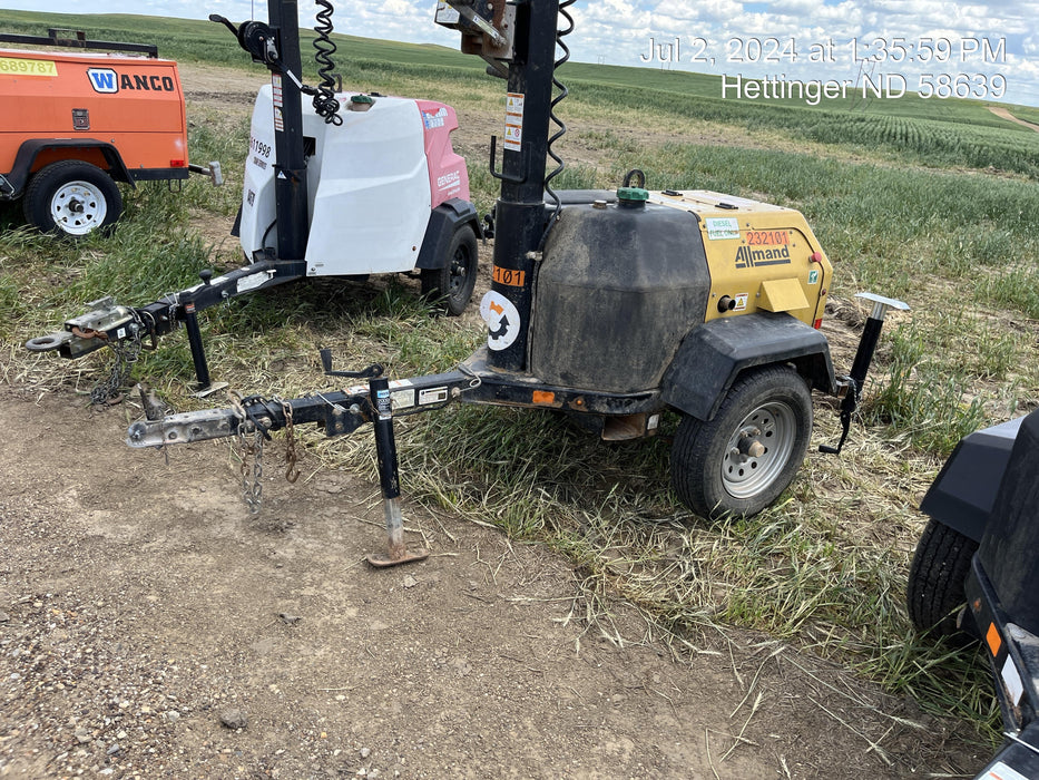 2022 Allmand NLV3GR (4) LED Light Fixture 350W, 23' Vertical Mast, 3kW Prime, Towable, Deep Sea L401, Leveling Jacks, Yanmar T4F 5.8hp