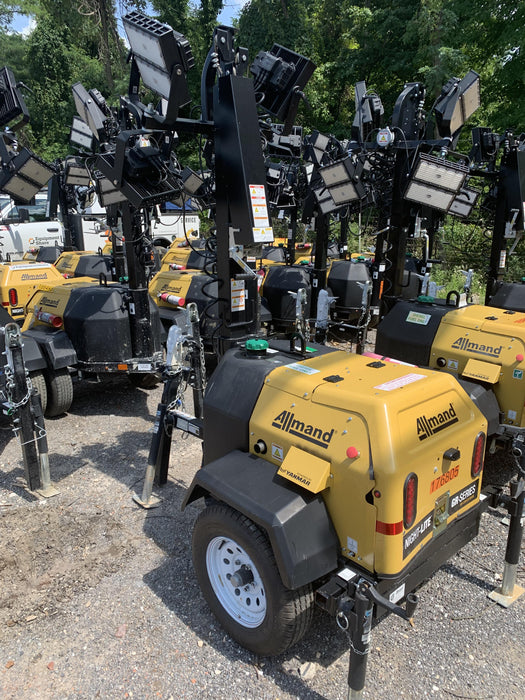 Allmand NLV3GR (4) LED Light Fixture 350W, 23' Vertical Mast, 3kW Prime, Towable, Deep Sea L401, Leveling Jacks, Yanmar T4F 5.8hp
