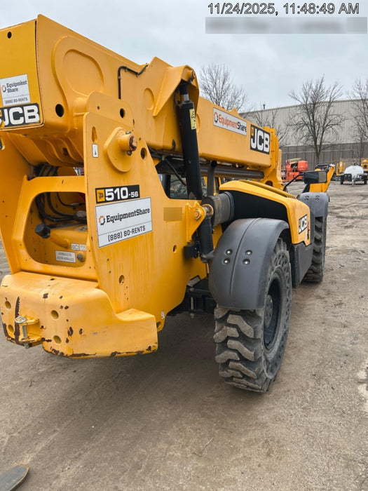 2019 JCB 510-56 74 HP w/Open ROPS, Beacon, Aux Hydraulics, Worklights, Solid Tires, 60" Carriage/Forks