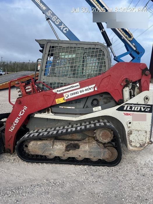 2019 Takeuchi TL10V2-CR Cab/Heat/AC, Rubber Tracks, Backup Alarm, Front & rear working Lights, Auxiliary Hydraulics, 2 Speed Travel, Engine Monitoring System, Hydraulic universal quick hitch w/76" HD smooth dirt bucket with bolt-on edge, 20.3 cubic feet capacity, 48" Pallet forks and frame