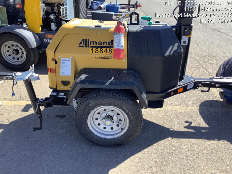 Allmand NLV3GR (4) LED Light Fixture 350W, 23' Vertical Mast, 3kW Prime, Towable, Deep Sea L401, Leveling Jacks, Yanmar T4F 5.8hp