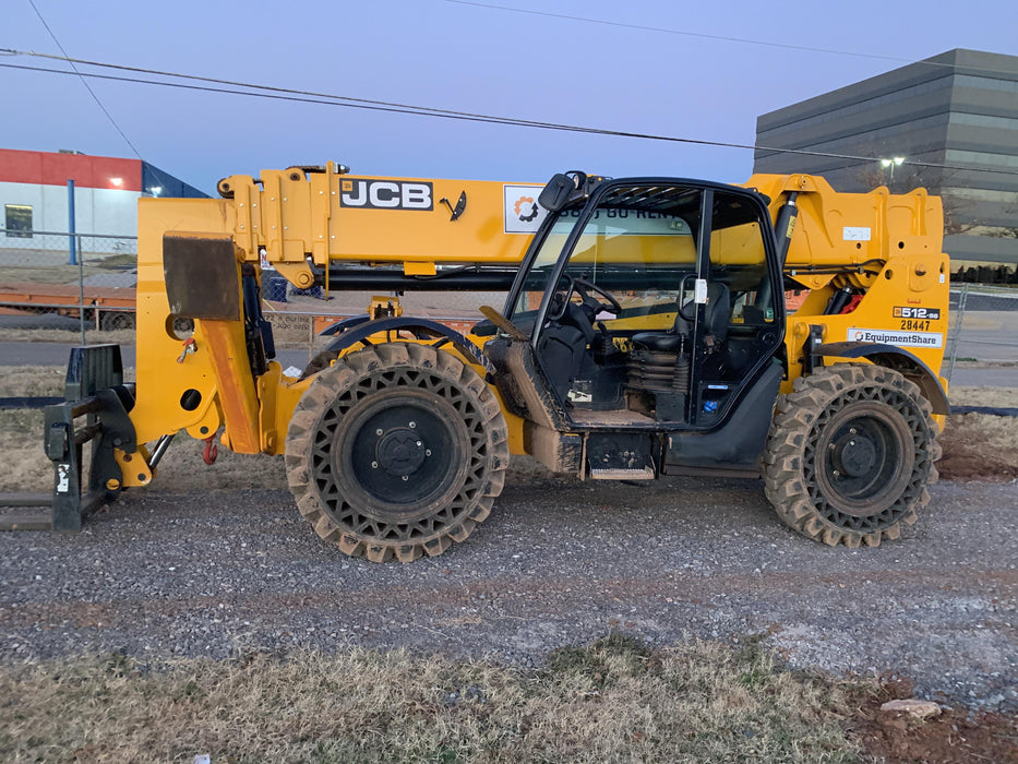 2019 JCB 512-56 109 HP w/Open ROPS, Beacon, Aux Hydraulics, Worklights, Solid Tires 60" Carriage/Forks