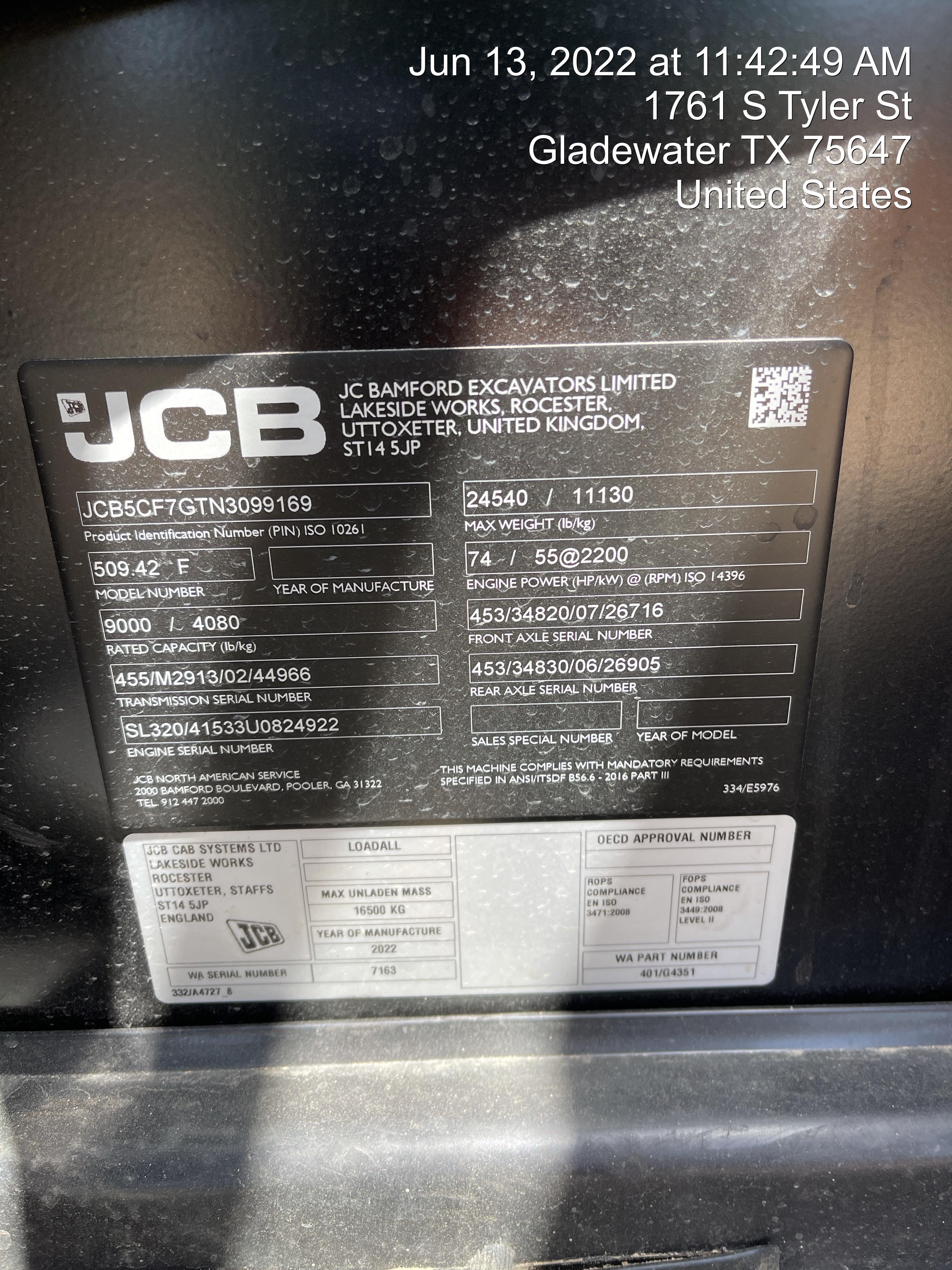 2022 JCB 509-42 74Hp Dsl, Canopy, Sld Tires, LED WL, Bcn, L Hook, EST