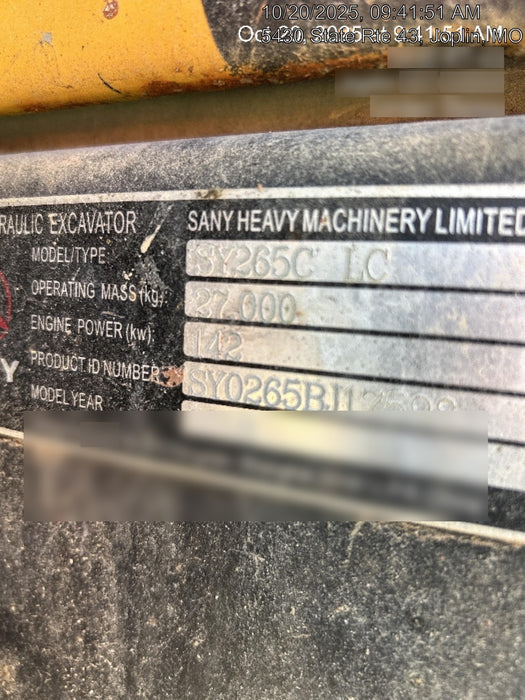 Sany SY265C Sany SY265 Tier 4 - Cab, Hydraulic  QC, 24" HD Bucket - Tooth, 36" HD Bucket - Tooth, 48" HD Bucket - Tooth, Hydraulic Thumb