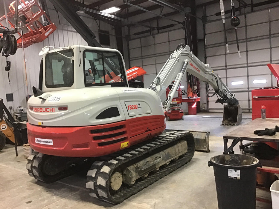 2019 Takeuchi TB290 Cab, AC, Rubber Tracks, Dozer Blade, Travel Alarm, Control Pattern Change Valve, Auxiliary Hydraulics w/18" Quick Coupler Bucket with teeth, 6.2 cu. ft. capacity/24" Quick Coupler Bucket with teeth, 8.6 cu. ft. capacity/36" Quick Coupler Bucket with teeth, 13.4 cu. ft. capacity, Quick Coupler, Hydraulic Thumb Installed