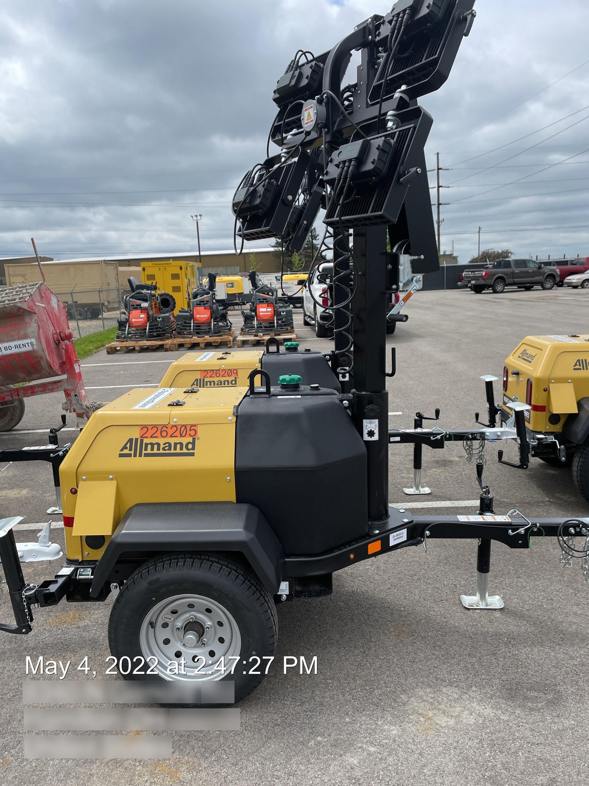 2022 Allmand NLV3GR (4) LED Light Fixture 350W, 23' Vertical Mast, 3kW Prime, Towable, Deep Sea L401, Leveling Jacks, Yanmar T4F 5.8hp