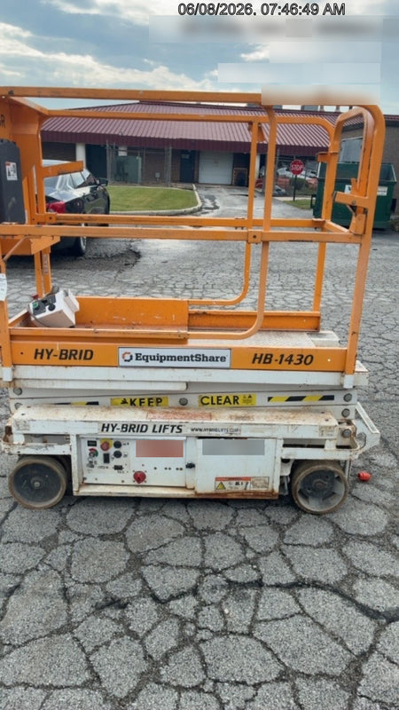 Custom Equipment HB-1430 <ul>
 <li>Hy-Brid Scissor Lift</li>
  <li>Platform capacity up to 670 lbs.</li>
  <li>Working height up to 20 ft</li>
  <li>Weighs under 1,700 lbs.</li>
  <li>Non-marking wheels </li>
</ul>