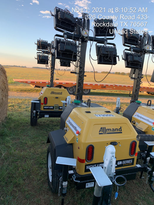 Allmand NLV3GR (4) LED Light Fixture 350W, 23' Vertical Mast, 3kW Prime, Towable, Deep Sea L401, Leveling Jacks, Yanmar T4F 5.8hp