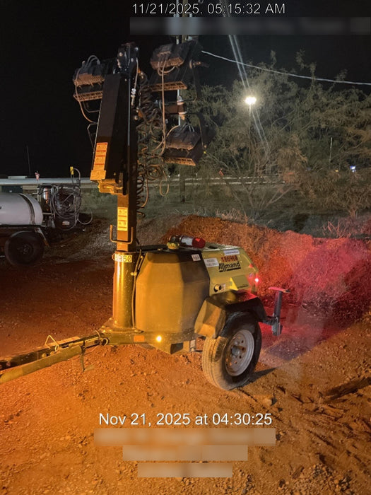 Allmand NLV3GR (4) LED Light Fixture 350W, 23' Vertical Mast, 3kW Prime, Towable, Deep Sea L401, Leveling Jacks, Yanmar T4F 5.8hp