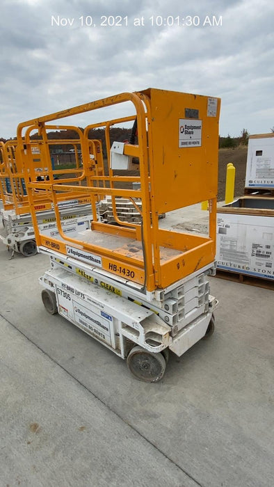 Custom Equipment HB-1430 <ul>
 <li>Hy-Brid Scissor Lift</li>
  <li>Platform capacity up to 670 lbs.</li>
  <li>Working height up to 20 ft</li>
  <li>Weighs under 1,700 lbs.</li>
  <li>Non-marking wheels </li>
</ul>
