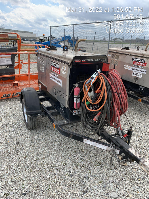 2019 Lincoln Electric Vantage 322 Ready-Pak 3, Two Wheel Trailer, Fender and Light Kit, Cable Rack