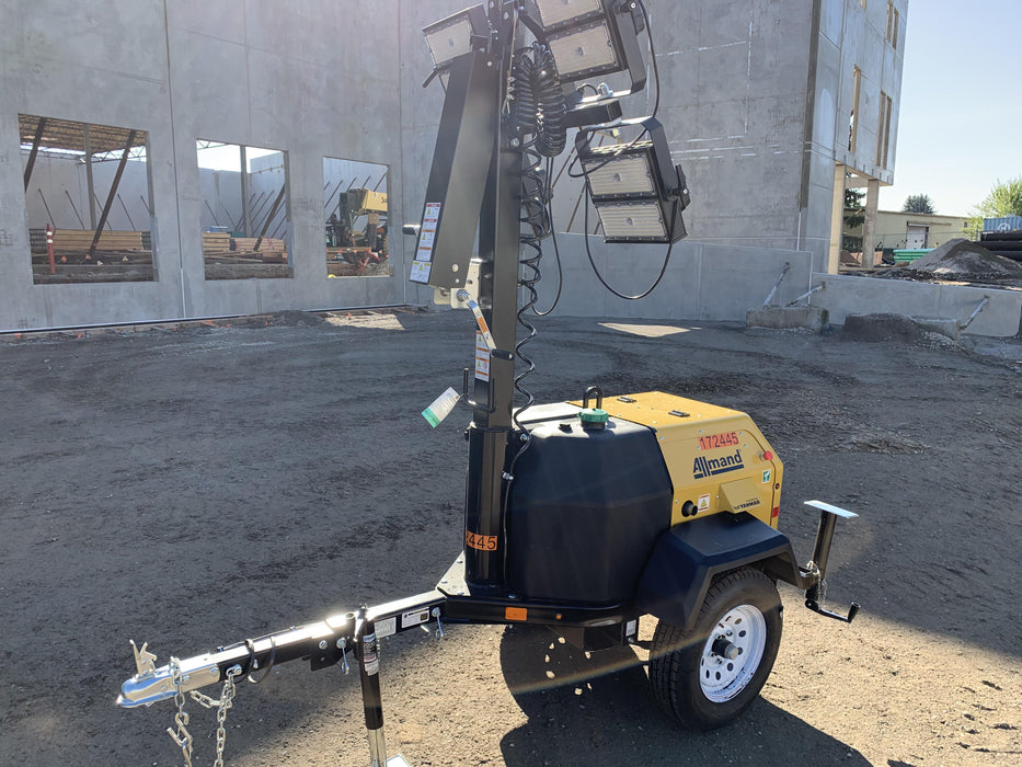 2021 Allmand NLV3GR (4) LED Light Fixture 350W, 23' Vertical Mast, 3kW Prime, Towable, Deep Sea L401, Leveling Jacks, Yanmar T4F 5.8hp