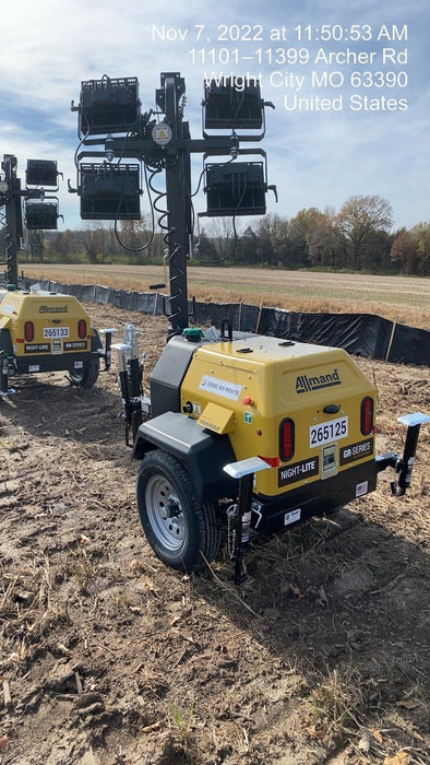 2022 Allmand NLV3GR (4) LED Light Fixture 350W, 23' Vertical Mast, 3kW Prime, Towable, ES Decals, T3