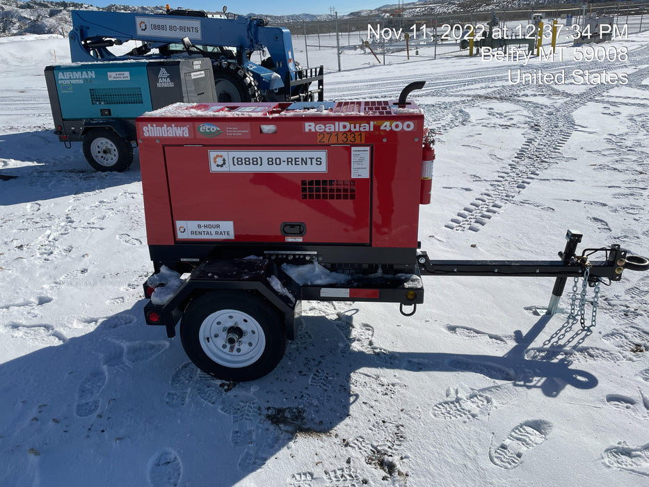 2022 Shindaiwa DGW400MDL Kubota D902 Engine, 23 HP, Dual Op Welder, Wire, Arc, Droop Stick, Tig, and CC Stick Functionality, Simulphase, 3 Phase and 1 Phase Gen Output, Single Axle NB Trlr, Slr Trckl Chrg 12V 12W, Fire Ext