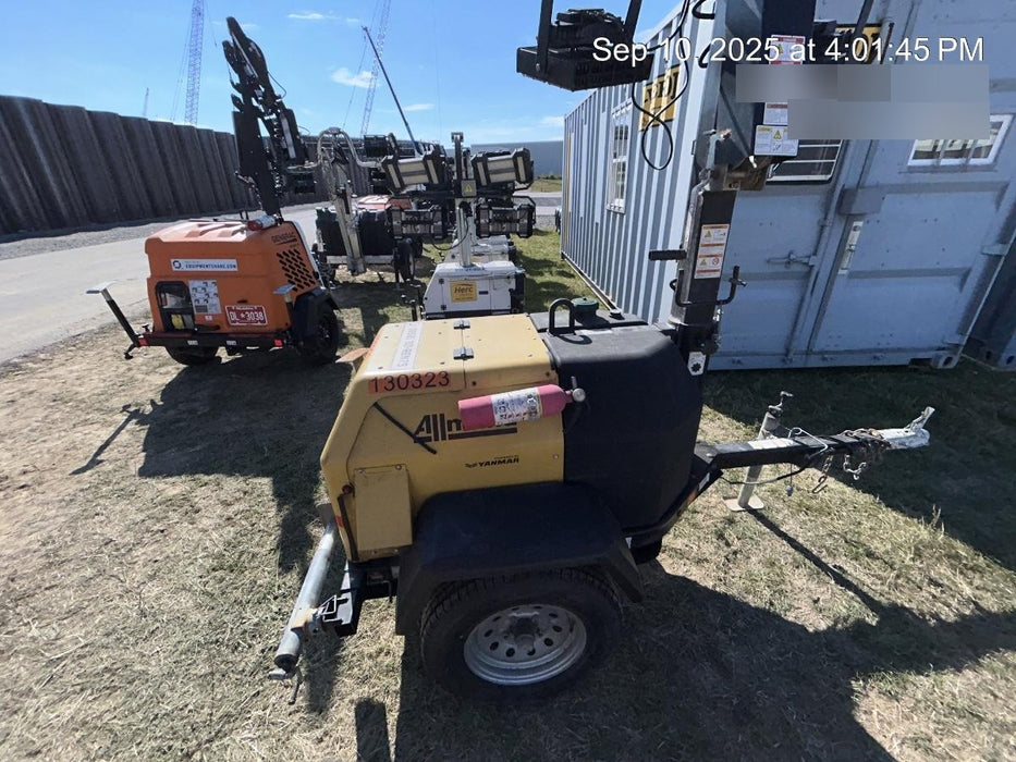 2021 Allmand NLV3GR (4) LED Light Fixture 350W, 23' Vertical Mast, 3kW Prime, Towable, Deep Sea L401, Leveling Jacks, Yanmar T4F 5.8hp