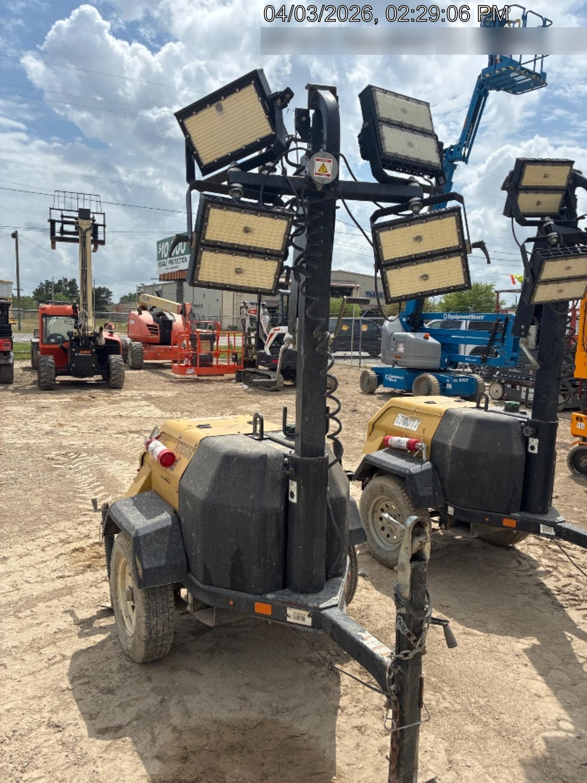 Allmand NLV3GR (4) LED Light Fixture 350W, 23' Vertical Mast, 3kW Prime, Towable, Deep Sea L401, Leveling Jacks, Yanmar T4F 5.8hp