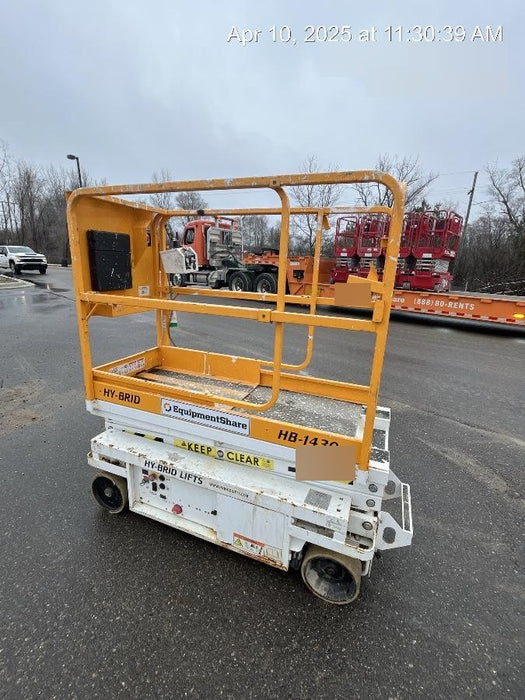 Custom Equipment HB-1430 <ul>
 <li>Hy-Brid Scissor Lift</li>
  <li>Platform capacity up to 670 lbs.</li>
  <li>Working height up to 20 ft</li>
  <li>Weighs under 1,700 lbs.</li>
  <li>Non-marking wheels </li>
</ul>