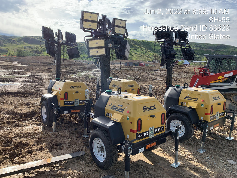 2021 Allmand NLV3GR (4) LED Light Fixture 350W, 23' Vertical Mast, 3kW Prime, Towable, Deep Sea L401, Leveling Jacks, Yanmar T4F 5.8hp