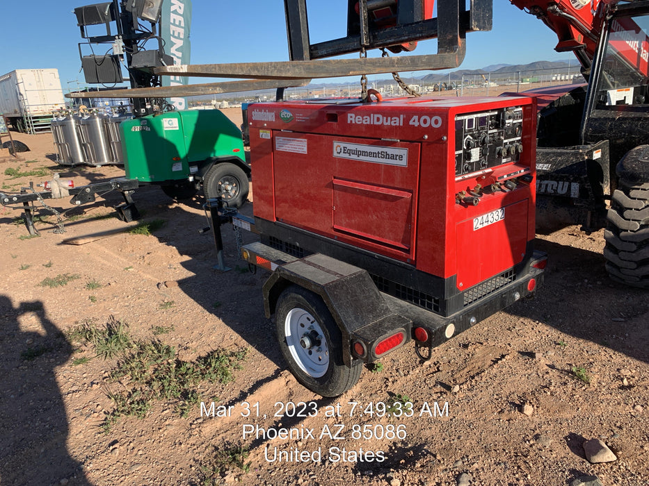 2022 Shindaiwa DGW400MDL Kubota D902 Engine, 23 HP, Dual Op Welder, Wire, Arc, Droop Stick, Tig, and CC Stick Functionality, Simulphase, 3 Phase and 1 Phase Gen Output, Single Axle NB Trlr, Slr Trckl Chrg 12V 12W, Fire Ext