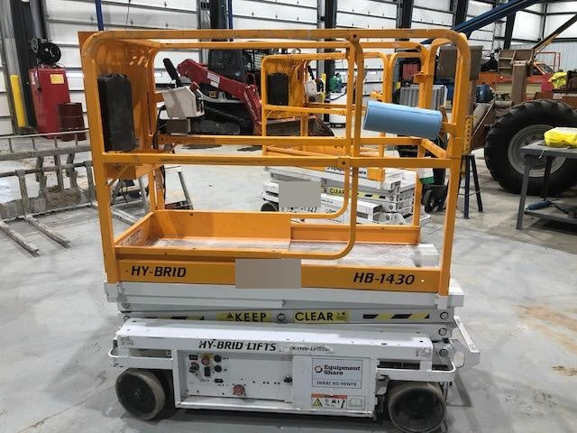 Custom Equipment HB-1430 <ul>
 <li>Hy-Brid Scissor Lift</li>
  <li>Platform capacity up to 670 lbs.</li>
  <li>Working height up to 20 ft</li>
  <li>Weighs under 1,700 lbs.</li>
  <li>Non-marking wheels </li>
</ul>