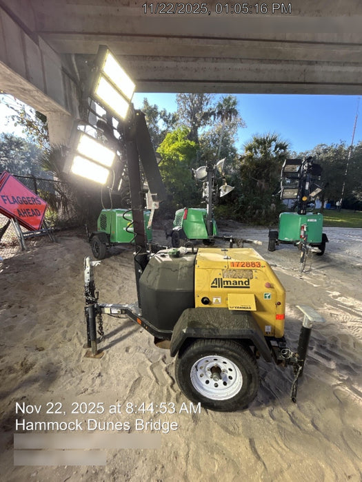 2021 Allmand NLV3GR (4) LED Light Fixture 350W, 23' Vertical Mast, 3kW Prime, Towable, Deep Sea L401, Leveling Jacks, Yanmar T4F 5.8hp